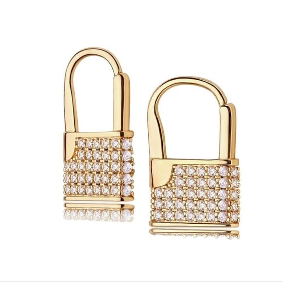 Lock Hoop Earrings Cubic Zircon Earring Gold Color Women Ear Jewelry - Picture 8 of 8